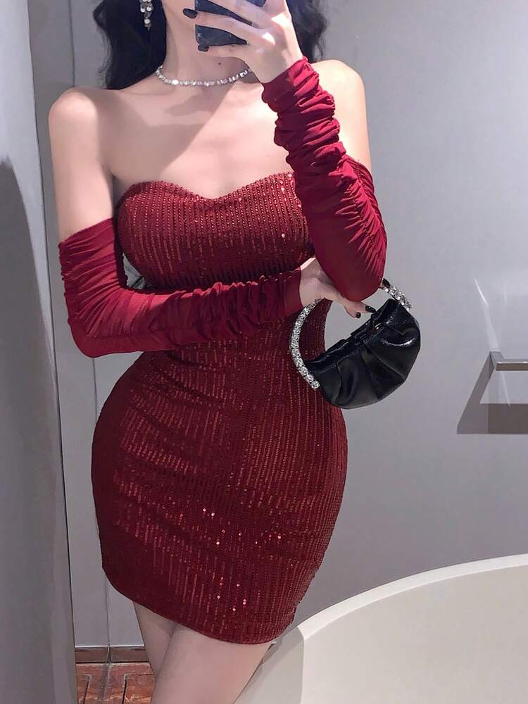 Women's Red Sequin Off-Shoulder Bodycon Mini Dress – Sparkly Cocktail Dress for Fall Parties, Holiday Events, Night Out, Glamorous Fit, Sexy Clubwear, Elegant Evening Outfit