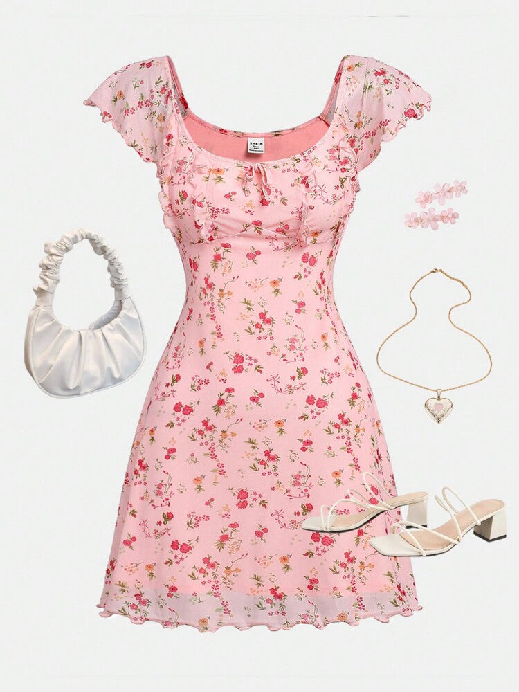 Teen Girls Mesh Floral Print Casual Dress – Elegant Sleeveless Graduation Dress for Summer, Parties & Special Occasions