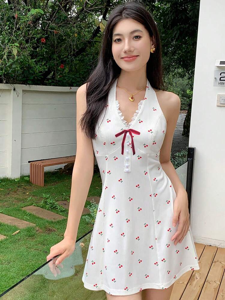 Cherry Print Halter V-Neck Mini Dress – Cute Summer Casual Dress with Waist Tie for Vacation, Beach, or Daily Wear