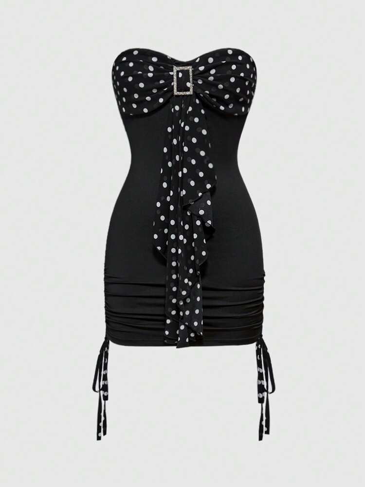 Polka Dot Bowknot Ruched Drawstring Mini Tube Dress, Strapless Summer Casual Party Dress For Women