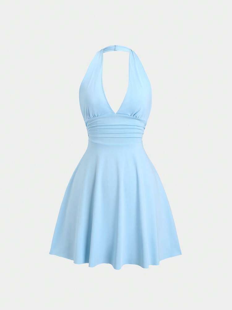 Women's Solid Halter Neck A-Line Dress – Sleeveless Summer Casual Dress with Ruched Waist, Versatile for Day to Night Wear