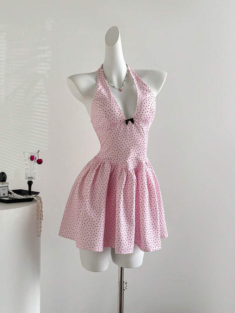 Women's Polka Dot Halter Mini Dress – Romantic V-Neck Summer Vacation Outfit, Minimalist and Sexy Style