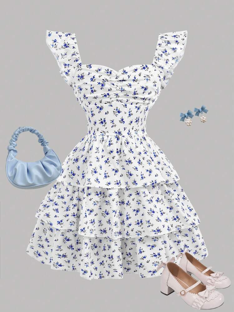 Girls' Floral Ruffle Dress – Ruched Bust, Two-Layer Hem, Cute Back-to-School & Holiday Outfit for Spring Picnics, Family Days, and Everyday Wear