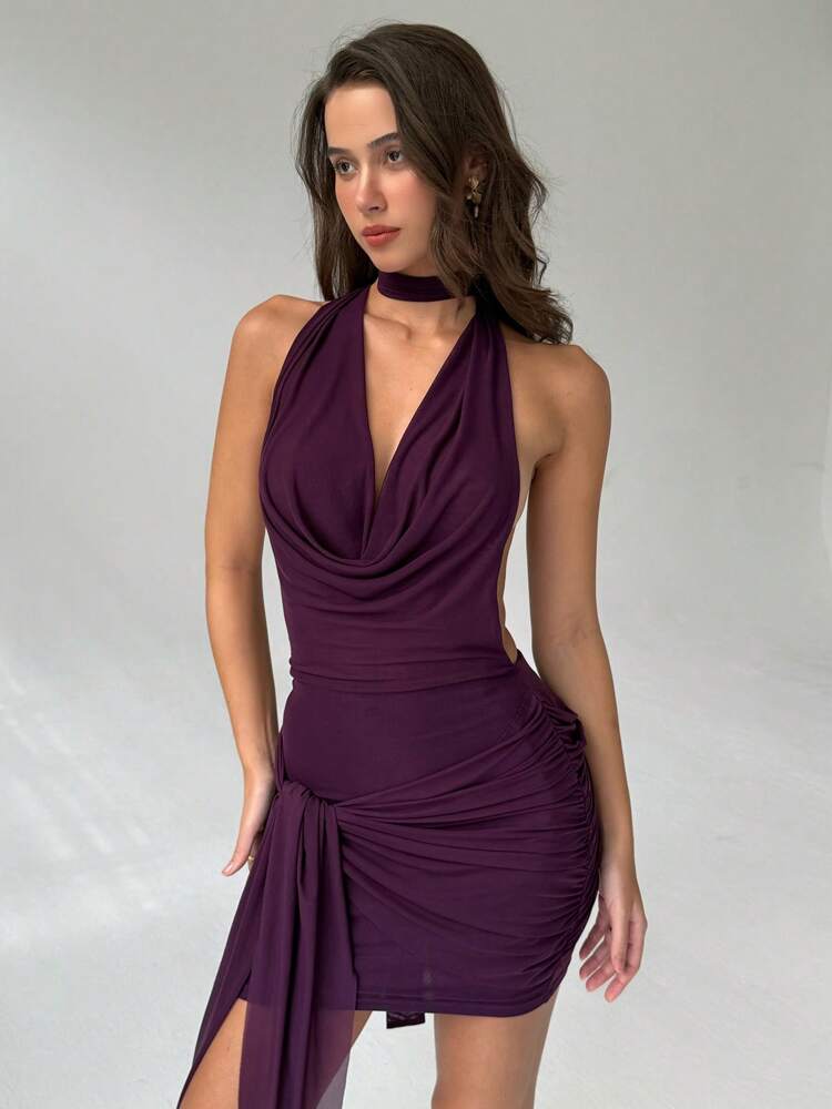 Backless Ruched Tie Bodycon Mini Dress, Romantic Purple Color, Sexy Party Outfit For Women Summer
