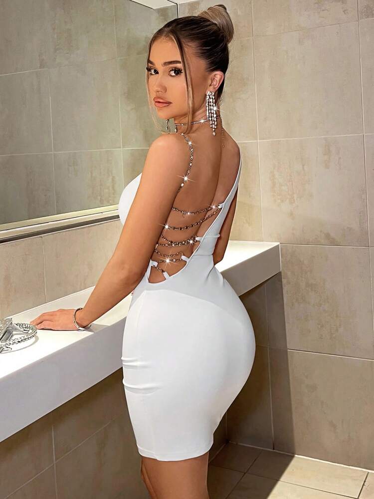 Women's Asymmetrical Neck Diamond Chain Strap Bodycon Mini Dress – Backless Party Dress for Clubwear, Night Out, Festival, Sexy Fitted Dress for Summer Events