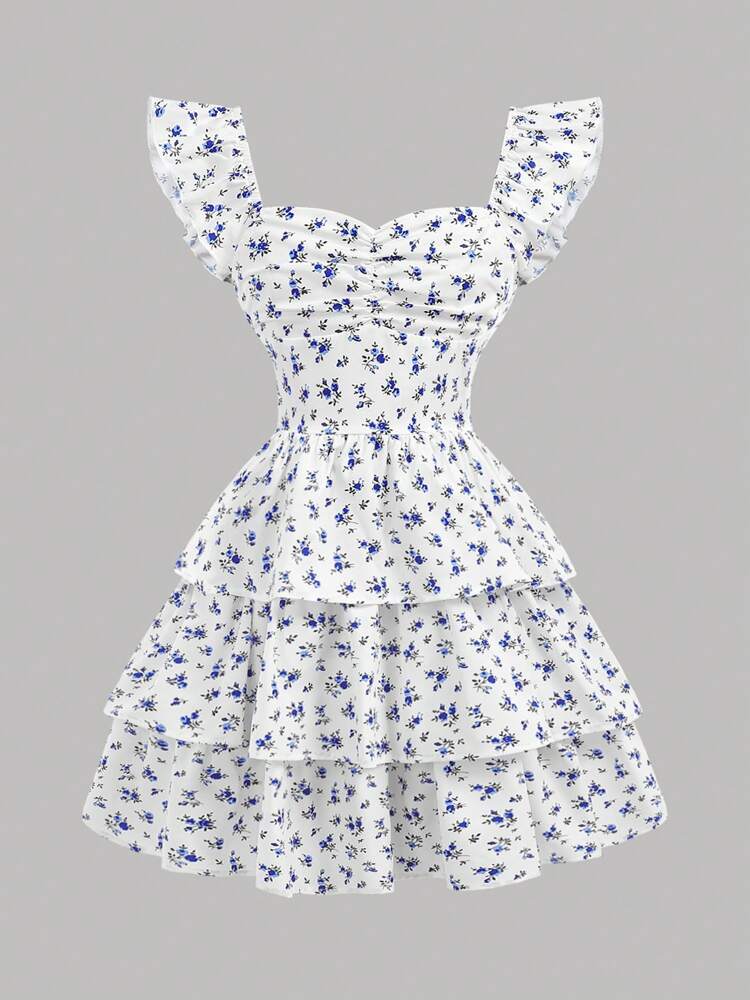Girls' Floral Ruffle Dress – Ruched Bust, Two-Layer Hem, Cute Back-to-School & Holiday Outfit for Spring Picnics, Family Days, and Everyday Wear