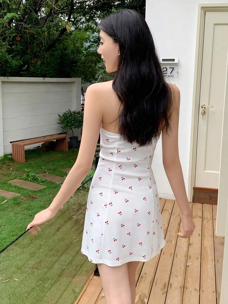 Cherry Print Halter V-Neck Mini Dress – Cute Summer Casual Dress with Waist Tie for Vacation, Beach, or Daily Wear