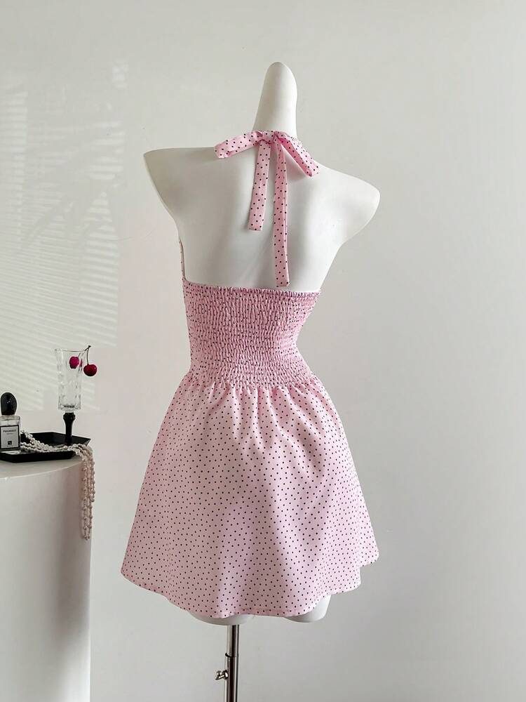 Women's Polka Dot Halter Mini Dress – Romantic V-Neck Summer Vacation Outfit, Minimalist and Sexy Style