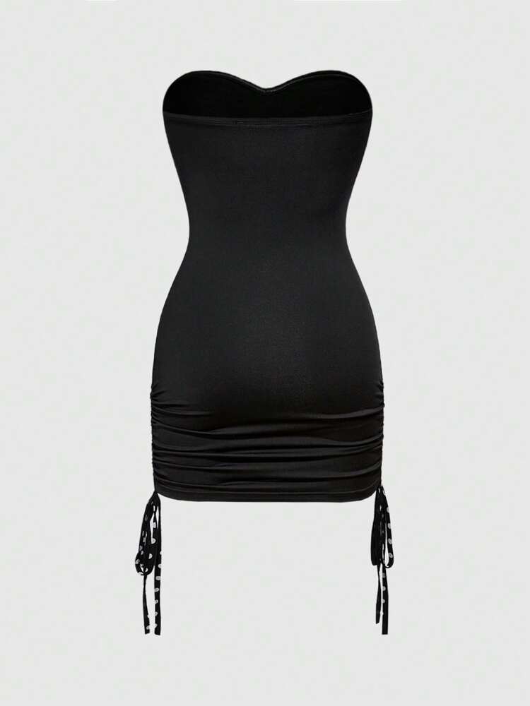 Polka Dot Bowknot Ruched Drawstring Mini Tube Dress, Strapless Summer Casual Party Dress For Women