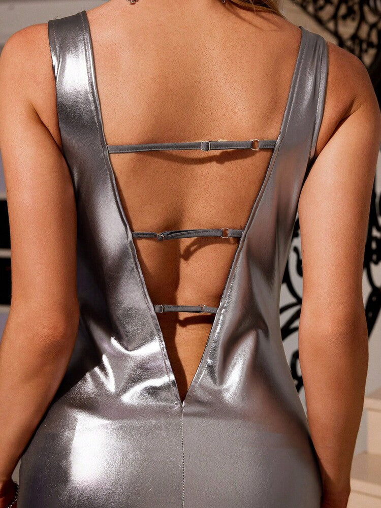 Women's Metallic Glossy Sleeveless Bodycon Dress – Deep V-Neck, Backless, Shiny Party Clubwear, Sexy Summer Night Out Mini Dress for Cocktail, Birthday or Date Night