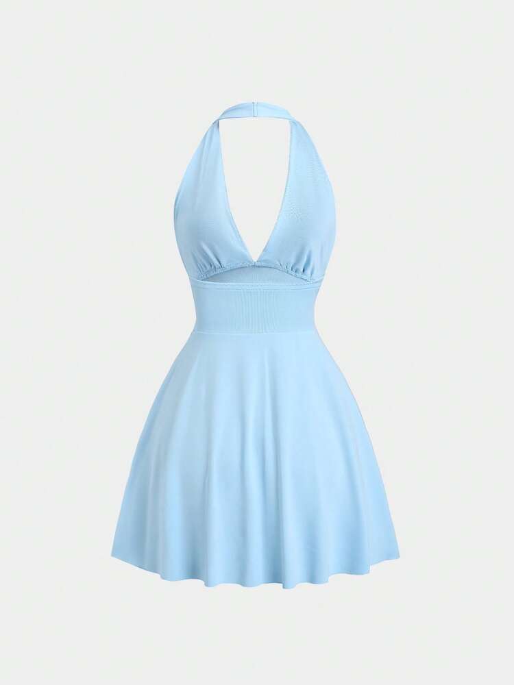 Women's Solid Halter Neck A-Line Dress – Sleeveless Summer Casual Dress with Ruched Waist, Versatile for Day to Night Wear