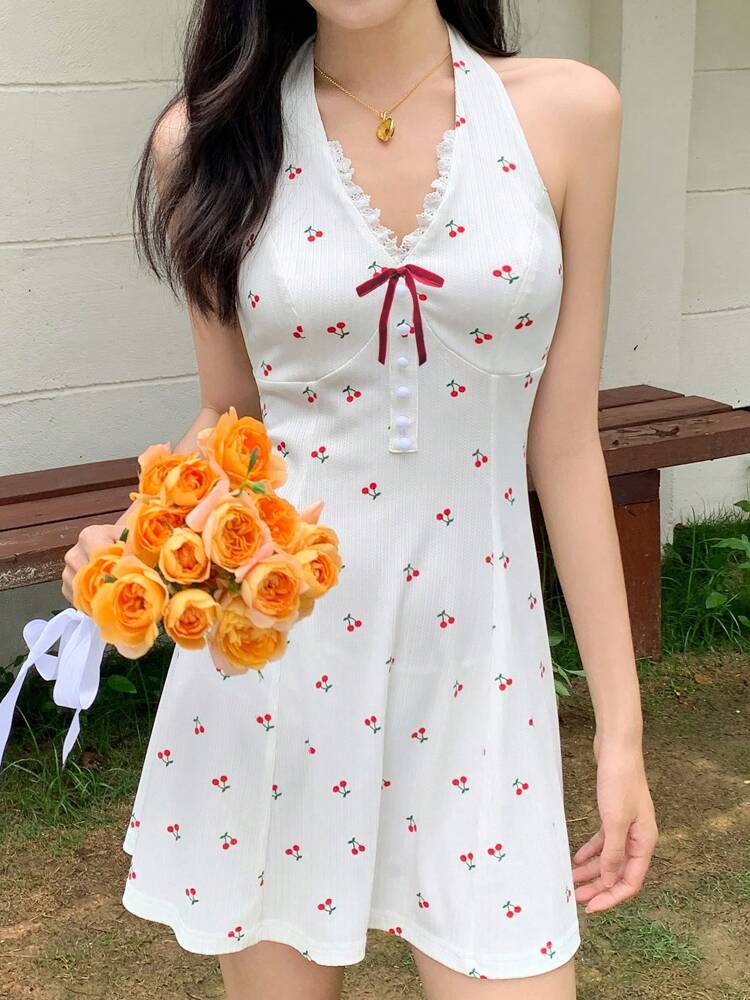Cherry Print Halter V-Neck Mini Dress – Cute Summer Casual Dress with Waist Tie for Vacation, Beach, or Daily Wear