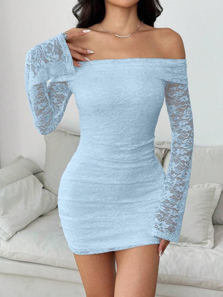 Women's Off-Shoulder Long Sleeve Mini Dress – Elegant Solid Color Summer Dress for Weddings, Parties & Special Occasions