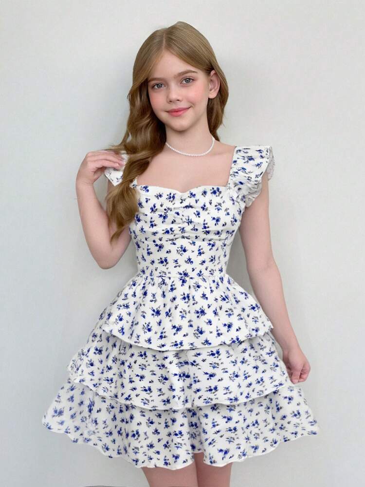 Girls' Floral Ruffle Dress – Ruched Bust, Two-Layer Hem, Cute Back-to-School & Holiday Outfit for Spring Picnics, Family Days, and Everyday Wear
