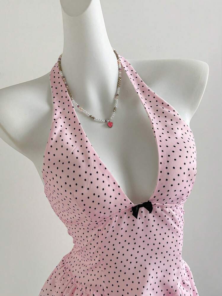 Women's Polka Dot Halter Mini Dress – Romantic V-Neck Summer Vacation Outfit, Minimalist and Sexy Style