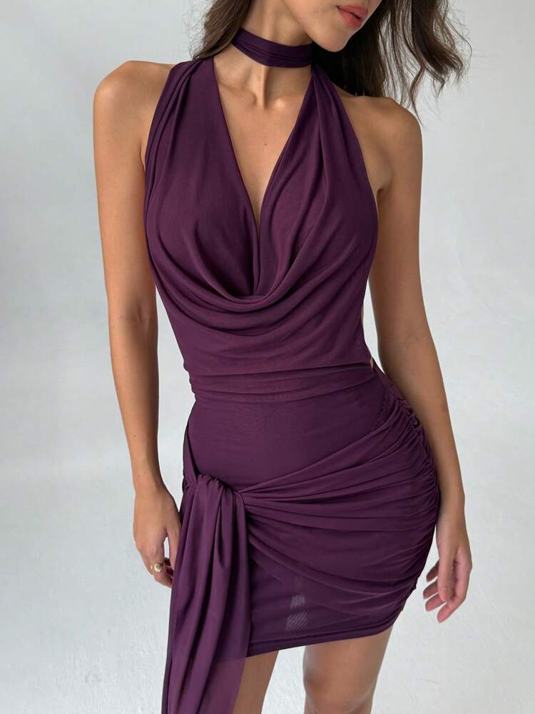 Backless Ruched Tie Bodycon Mini Dress, Romantic Purple Color, Sexy Party Outfit For Women Summer
