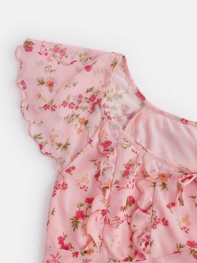 Teen Girls Mesh Floral Print Casual Dress – Elegant Sleeveless Graduation Dress for Summer, Parties & Special Occasions