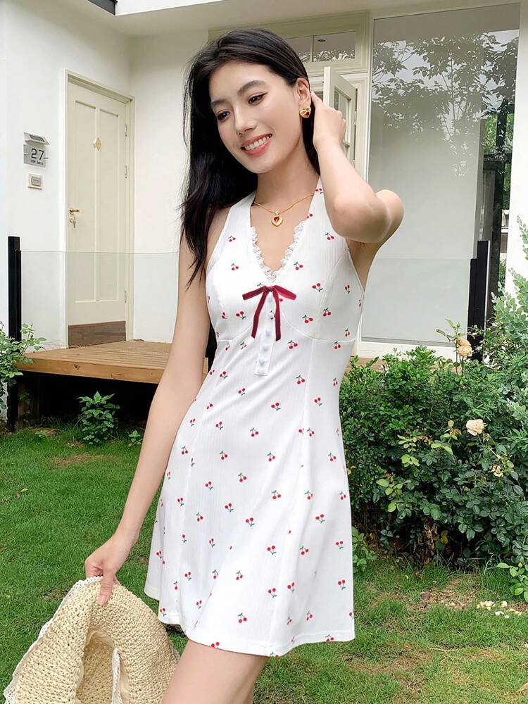 Cherry Print Halter V-Neck Mini Dress – Cute Summer Casual Dress with Waist Tie for Vacation, Beach, or Daily Wear