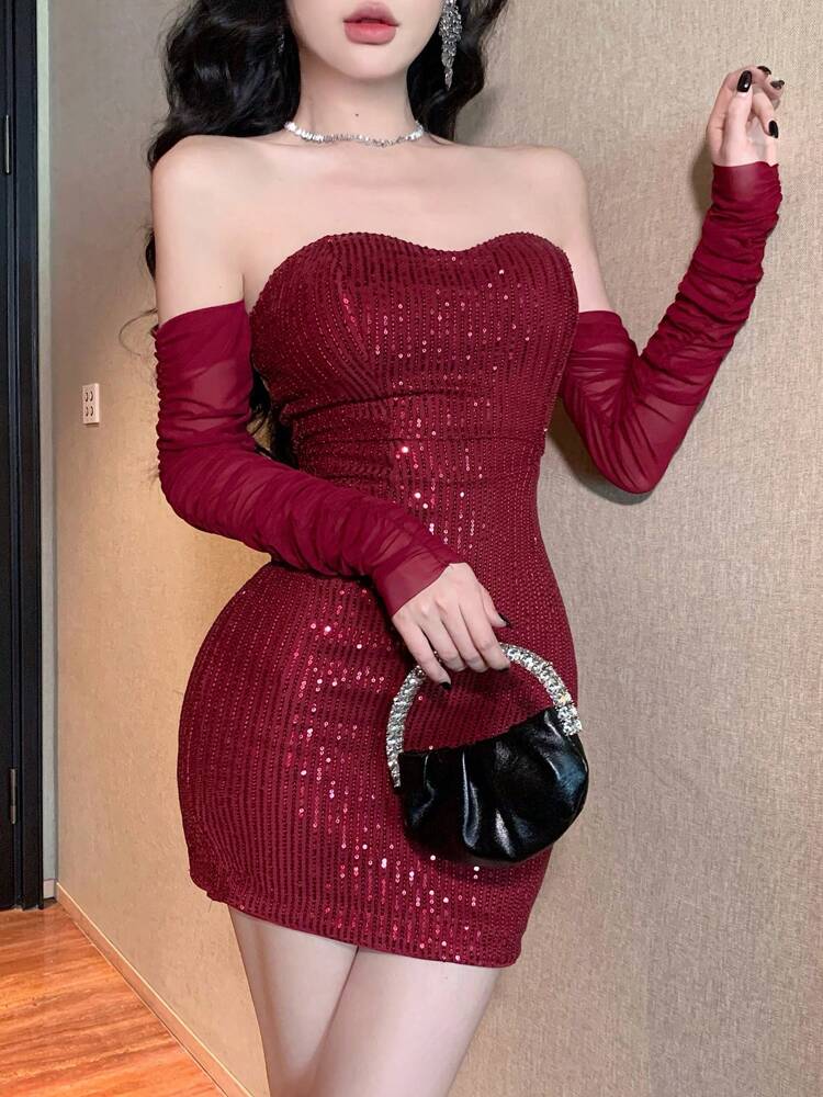 Women's Red Sequin Off-Shoulder Bodycon Mini Dress – Sparkly Cocktail Dress for Fall Parties, Holiday Events, Night Out, Glamorous Fit, Sexy Clubwear, Elegant Evening Outfit