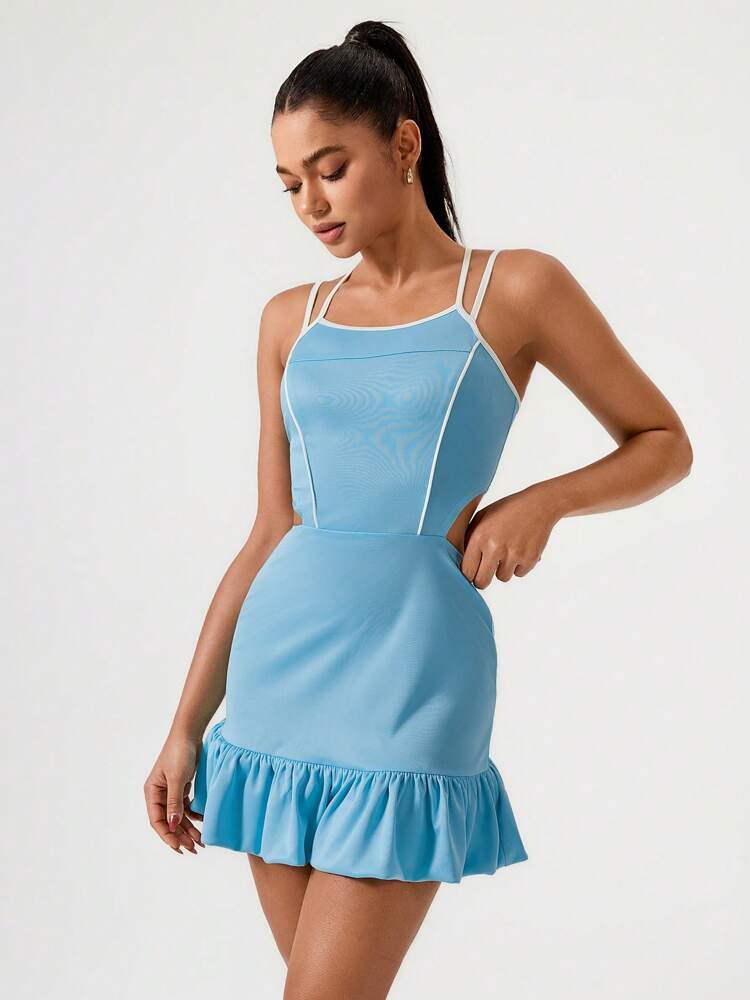 Women's Minimalist Slim Fit Hollow Waist Short Dress - Spaghetti Straps Lightweight Activewear for Daily Wear, Travel, & Casual Outings - Comfortable Cotton Blend