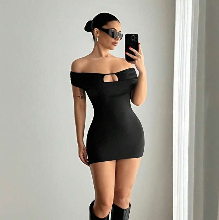 Women's Off-Shoulder Cut-Out Waist Bodycon Mini Dress, Elegant Sexy Little Black Dress For Party & Night Out
