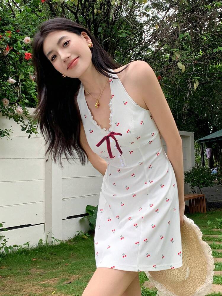Cherry Print Halter V-Neck Mini Dress – Cute Summer Casual Dress with Waist Tie for Vacation, Beach, or Daily Wear