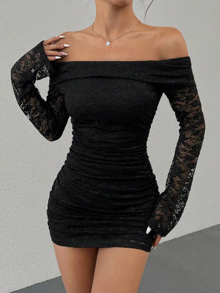 Women's Off-Shoulder Contrast Lace Bodycon Dress – Sexy Summer Tea Party Dress, Elegant Slim Fit Mini Dress for Vacation, Date Night & Events