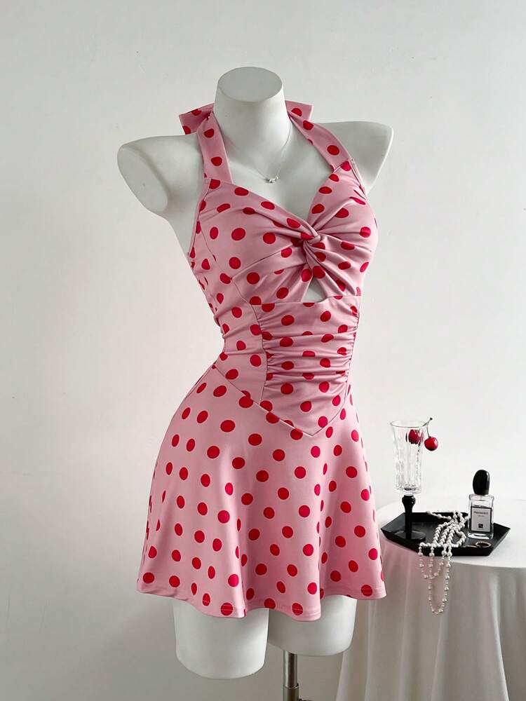 Retro Polka Dot Spaghetti Strap Mini Dress – Backless A-Line Bodycon Style for Summer Parties and Date Nights