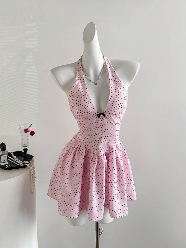 Women's Polka Dot Halter Mini Dress – Romantic V-Neck Summer Vacation Outfit, Minimalist and Sexy Style