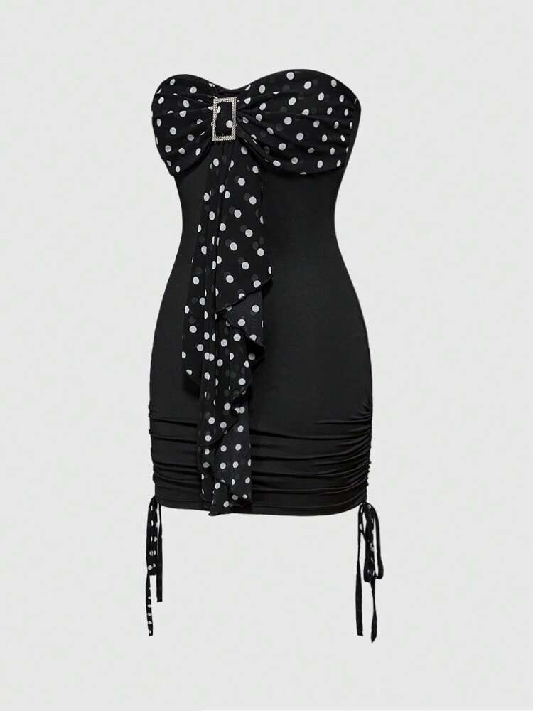 Polka Dot Bowknot Ruched Drawstring Mini Tube Dress, Strapless Summer Casual Party Dress For Women