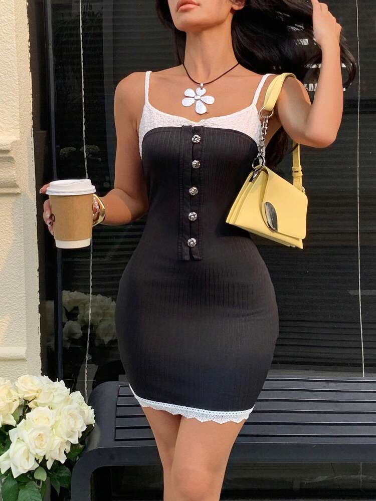 Color Contrast Spaghetti Strap Mini Slip Dress – Women's Skinny Fitted Camisole Dress for Summer Nights and Parties