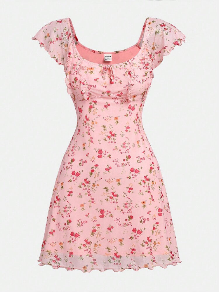 Teen Girls Mesh Floral Print Casual Dress – Elegant Sleeveless Graduation Dress for Summer, Parties & Special Occasions