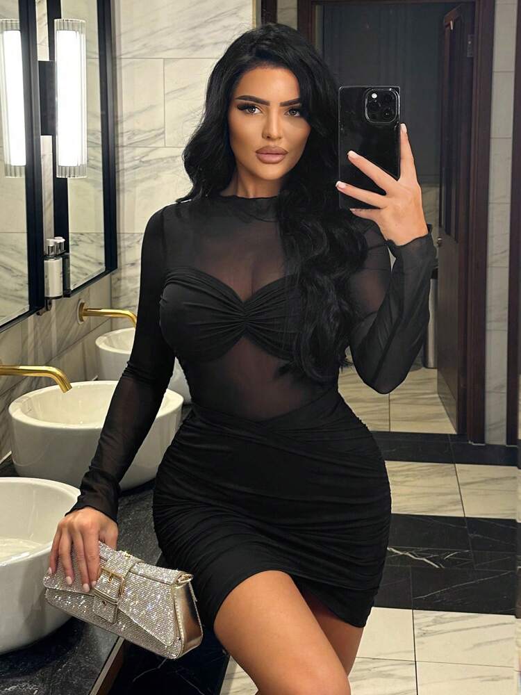 Women's Sexy Mesh Sheer Bodycon Dress – Solid Color See-Through Slim Fit Clubwear for Night Out, Party, or Date Night, Hot Girl Style Transparent Mesh Mini Dress