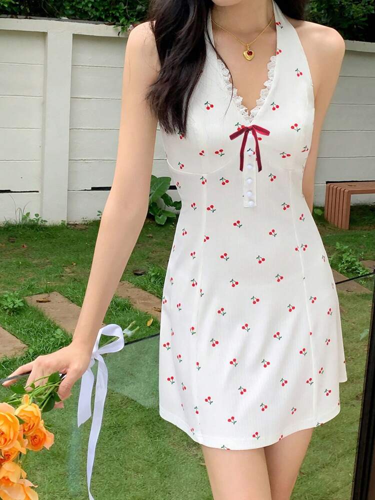 Cherry Print Halter V-Neck Mini Dress – Cute Summer Casual Dress with Waist Tie for Vacation, Beach, or Daily Wear