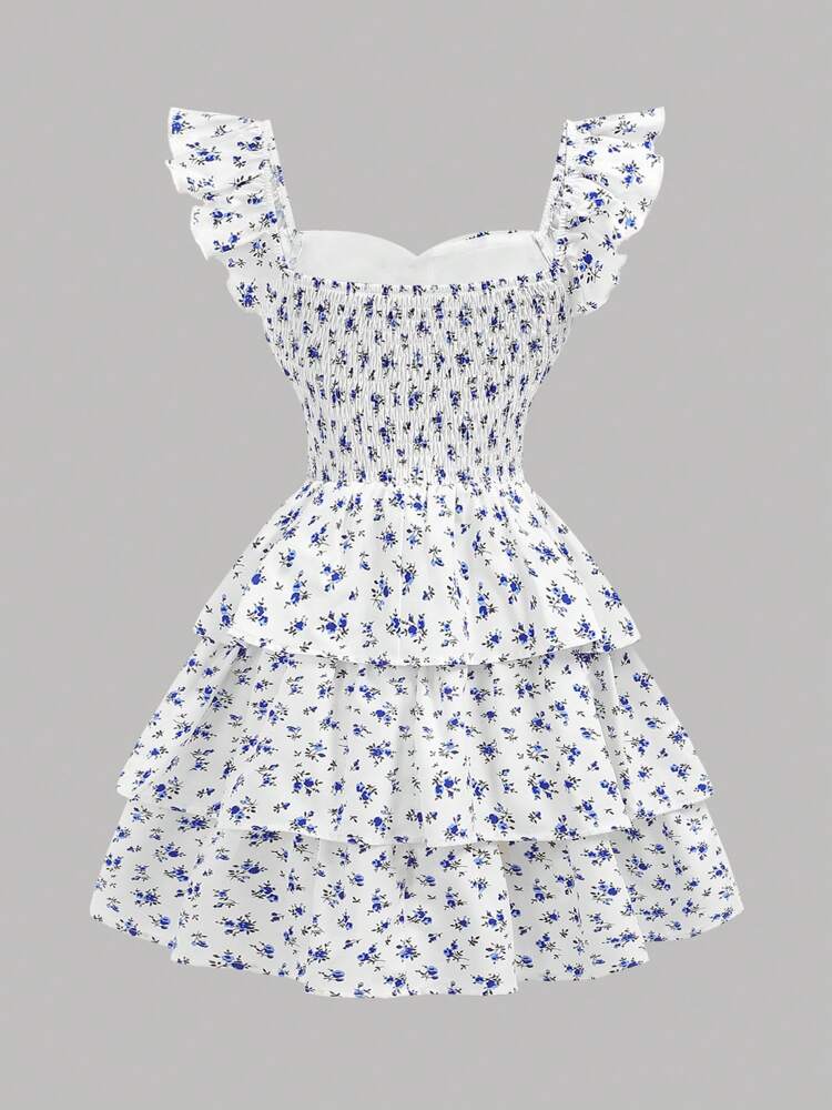 Girls' Floral Ruffle Dress – Ruched Bust, Two-Layer Hem, Cute Back-to-School & Holiday Outfit for Spring Picnics, Family Days, and Everyday Wear