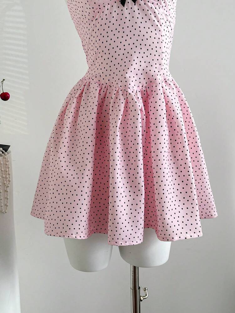 Women's Polka Dot Halter Mini Dress – Romantic V-Neck Summer Vacation Outfit, Minimalist and Sexy Style
