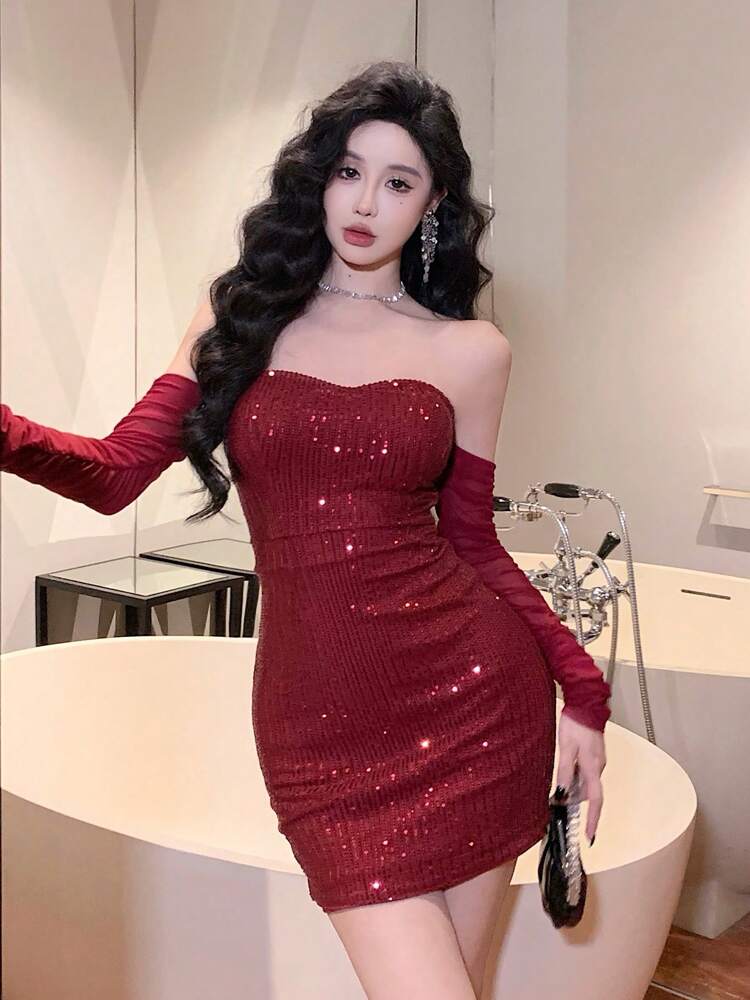 Women's Red Sequin Off-Shoulder Bodycon Mini Dress – Sparkly Cocktail Dress for Fall Parties, Holiday Events, Night Out, Glamorous Fit, Sexy Clubwear, Elegant Evening Outfit
