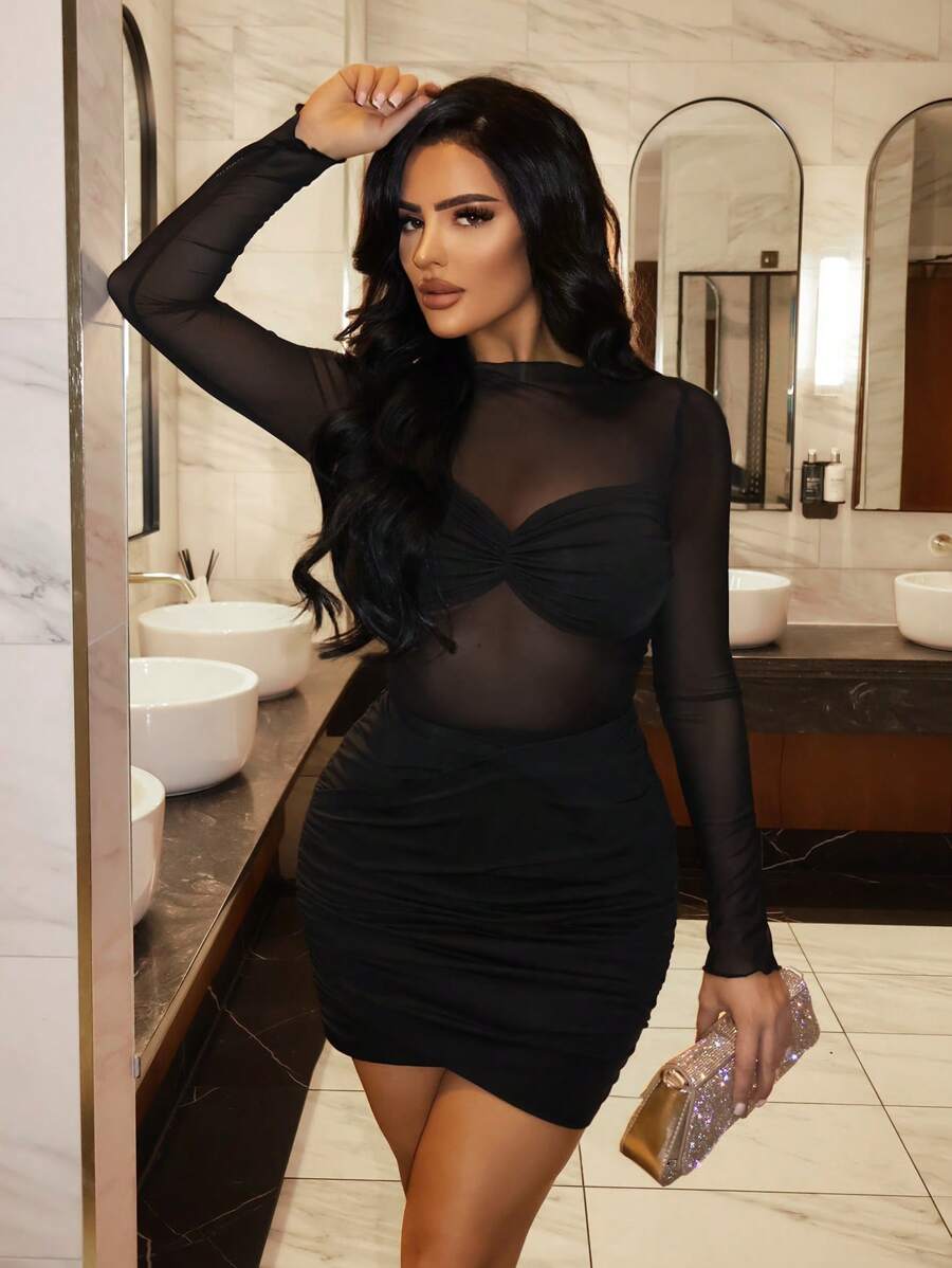 Women's Sexy Mesh Sheer Bodycon Dress – Solid Color See-Through Slim Fit Clubwear for Night Out, Party, or Date Night, Hot Girl Style Transparent Mesh Mini Dress