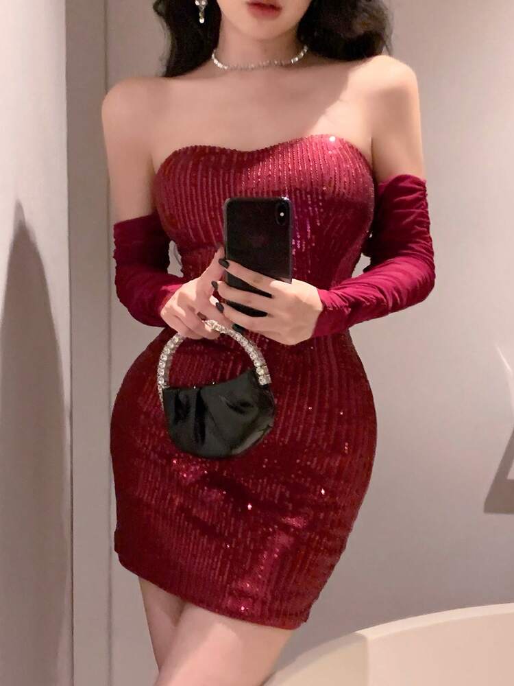 Women's Red Sequin Off-Shoulder Bodycon Mini Dress – Sparkly Cocktail Dress for Fall Parties, Holiday Events, Night Out, Glamorous Fit, Sexy Clubwear, Elegant Evening Outfit